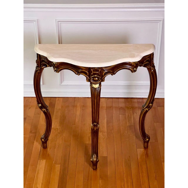 French Louis XV Style Console Table, Carved Walnut With Gilt, Marble Top, C. 1920 For Sale - Image 4 of 17