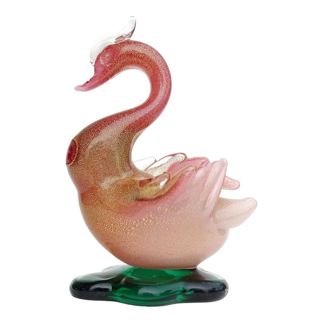 Vintage Seguso Murano 1957 Pink White Gold Flecks Italian Art Glass Swan Bird Figurine Sculpture For Sale