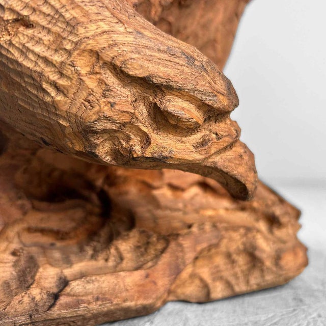 Gorgeous rough wood carving of a bird of prey with spread wings. Highly decorative Japanese folk art (Mingei) from the...