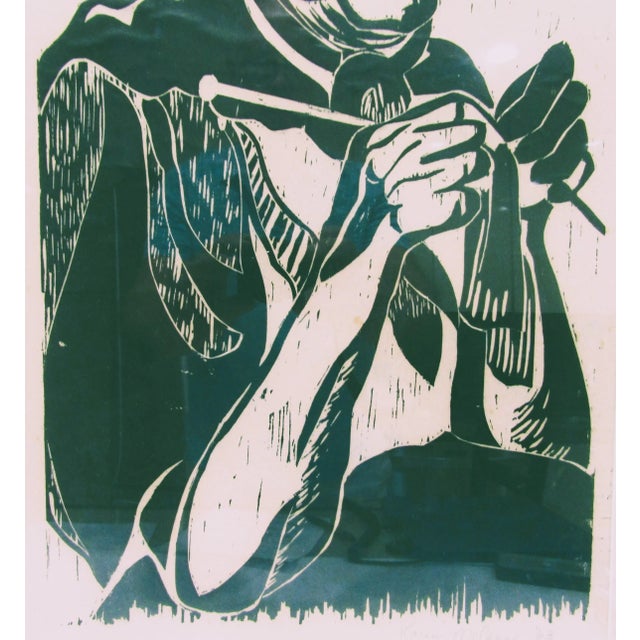 Signed and Framed Karen McCann 1963 Woodcut Print of Woman Knitting For Sale - Image 4 of 6