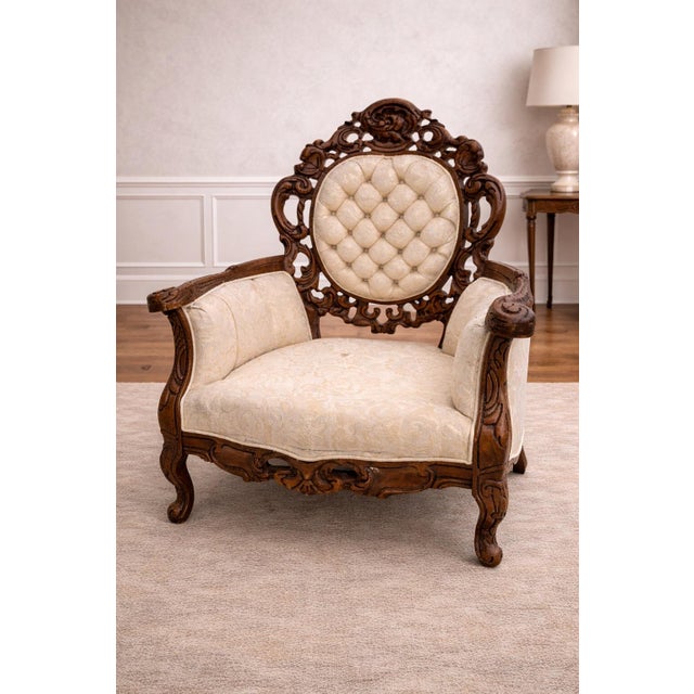 Antique Victorian Rococo Carved Walnut Armchair – Reupholstery-Ready Designer Frame For Sale - Image 10 of 11