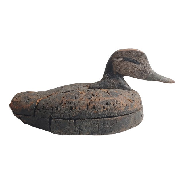 Early 20th Century Primitive Weathered Wood & Cork Duck Decoy For Sale