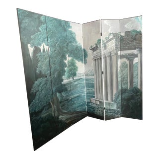 Vintage Italian Hand-Painted Screen With Rune and Landscape of Trees For Sale