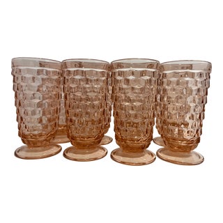 Mid Century Modern Pink Peach Faceted Indiana Glass Drinking Iced Tea Glasses in Whitehall Pattern - Set of 8 For Sale