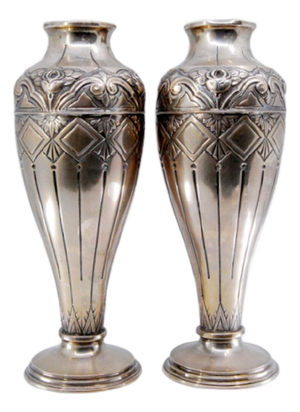 Silver Vases with Raised Floral Motifs, Shells and Circular Bases, Set of 2