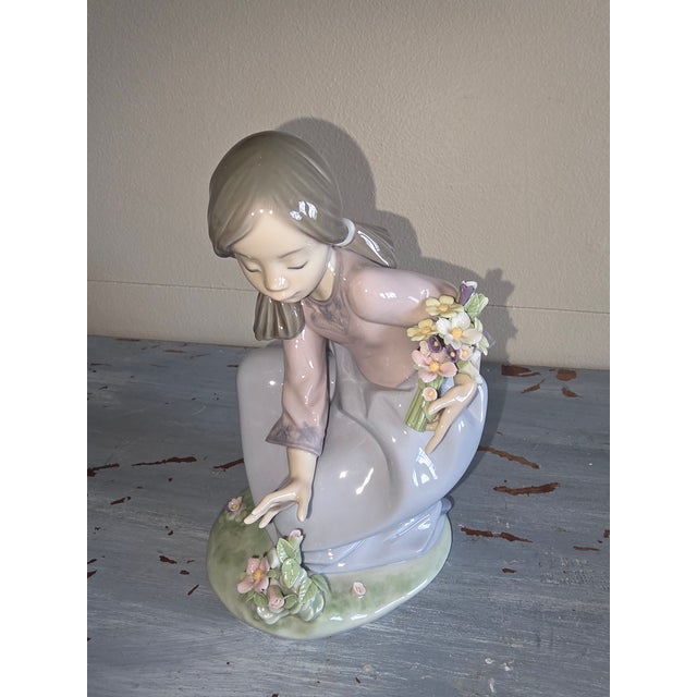 Gray Lladro Girl Picking Gathering Flowers For Sale - Image 8 of 8