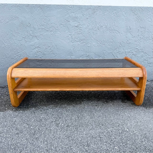 Mid 20th Century Mid Century Modern Lou Hodges Oak Smoked Glass Coffee Table For Sale - Image 5 of 9