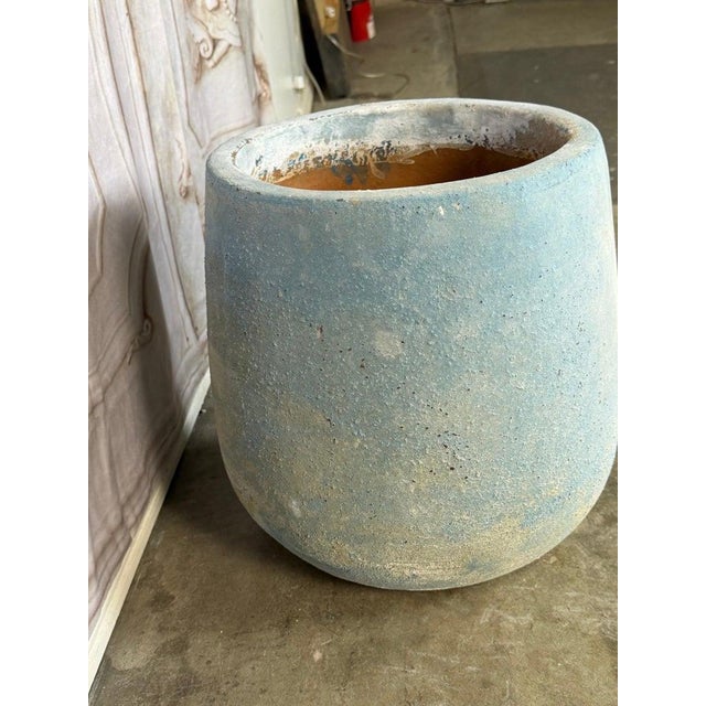 Sky Blue Terracotta Planter With Soft Blue-Gray Weathered Patina For Sale - Image 8 of 8