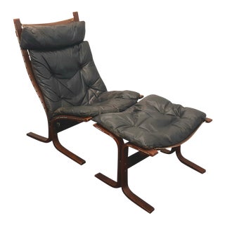 Westnofa Siesta Black Leather Lounge Chair and Footstool For Sale