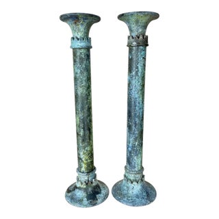 Vintage Sculpted Verdigris Metal Candleholders - A Pair For Sale