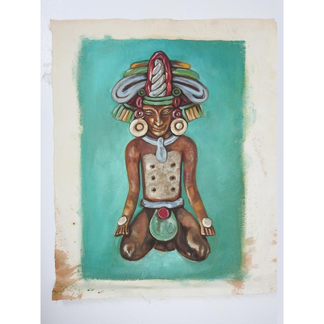 Mid 20th century oil on canvas painting of Mayan or Aztec style figure. Unsigned. Unframed, image size 12" x 18", canvas...