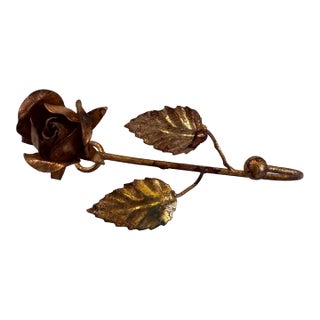 Mid Century Italian Toleware 1950s. Hollywood Regency Single Realistic Long Stem Rose. 7”. Hook. Gold Leaf or Gilt For Sale