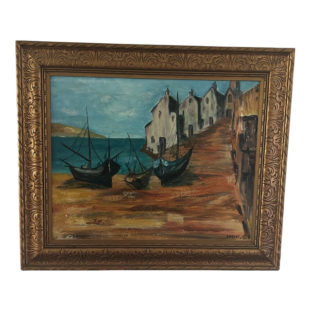 1960s Original Mid Century Painting of a Nautical Scene. It Is Framed in a Gold Frame. For Sale