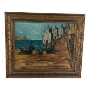 1960s Original Mid Century Painting of a Nautical Scene. It Is Framed in a Gold Frame.