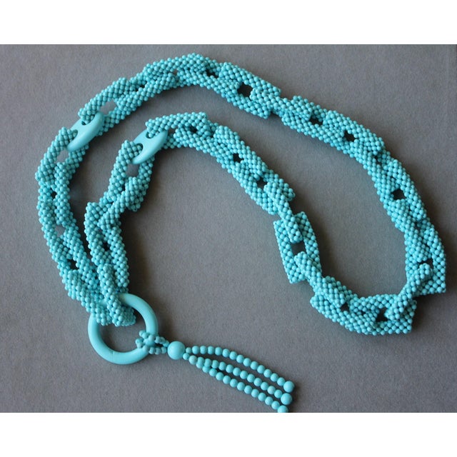 Early 21st Century Teal Blue Turquoise Round Fancy Beads Long Tie Unique Tassel Statement Necklace For Sale - Image 5 of 10