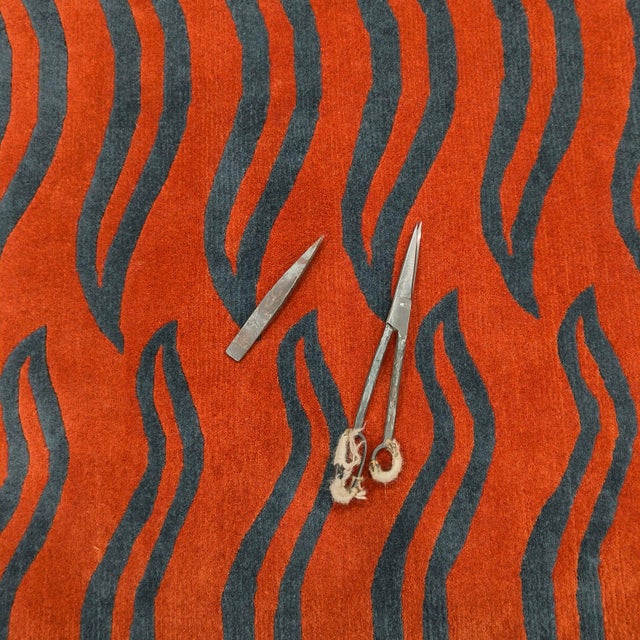 Hand-Knotted Wool Rug in Rust Red With Navy Wave Motif For Sale - Image 11 of 12