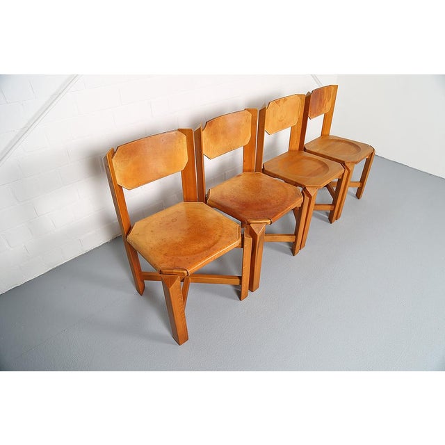 Mid-Century Modern Dining Chairs in Beech & Cognac Leather by Pierre Chapo, 1960s, Set of 4 For Sale - Image 3 of 18