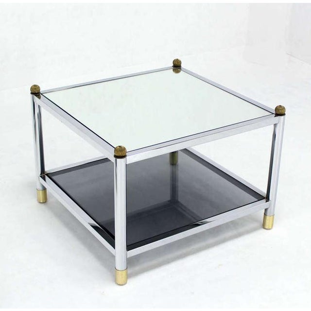 Pair Square Chrome & Brass Smoked Glass Shelf Mirrored Top End Side Tables MINT! For Sale - Image 9 of 9