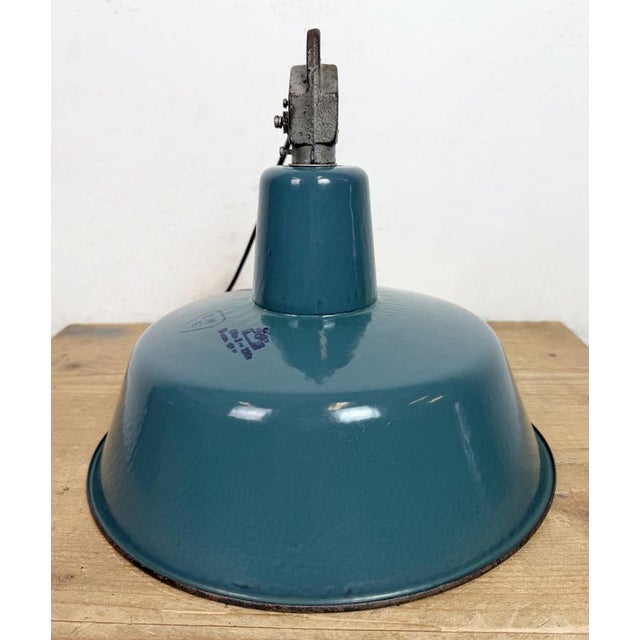 Industrial Petrol Enamel Factory Lamp with Cast Iron Top, 1960s For Sale - Image 13 of 18