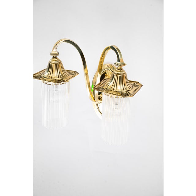 Art Deco Double Light Brass Wall Lamps with Glass Sticks, Vienna, Austria, 1920s, Set of 2 For Sale - Image 10 of 18