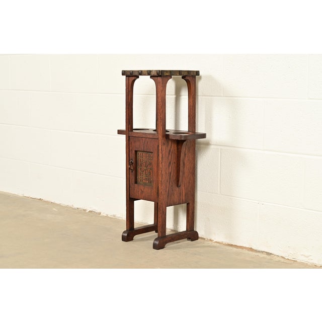 Mission Stickley Brothers Style Antique Mission Arts & Crafts Oak and Brass Smoker Stand, Circa 1910 For Sale - Image 3 of 17