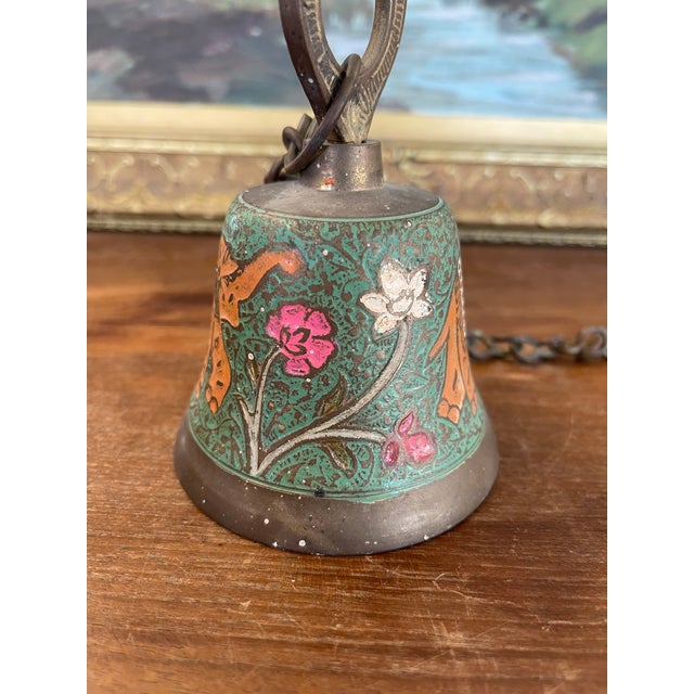 1970s Vintage Brass Toned Hanging Bell With Hand-Painted Elephant and Floral Motifs, India For Sale - Image 5 of 8