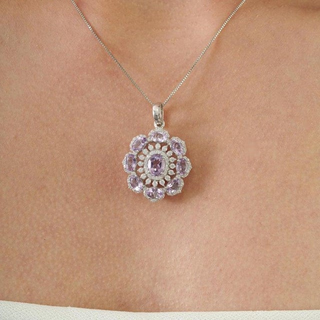 Gemstone Elegant Floral Amethyst Pendant With Cubic Zirconia Accents - Caratandher For Sale - Image 7 of 14