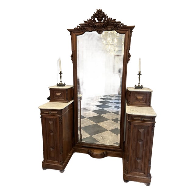 French Louis XVI Revival Pier Mirror With Dual Marble-Top Cabinets For Sale