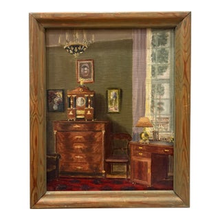 Vintage European Interiors Painting in Jewel Tone Colors, Framed For Sale