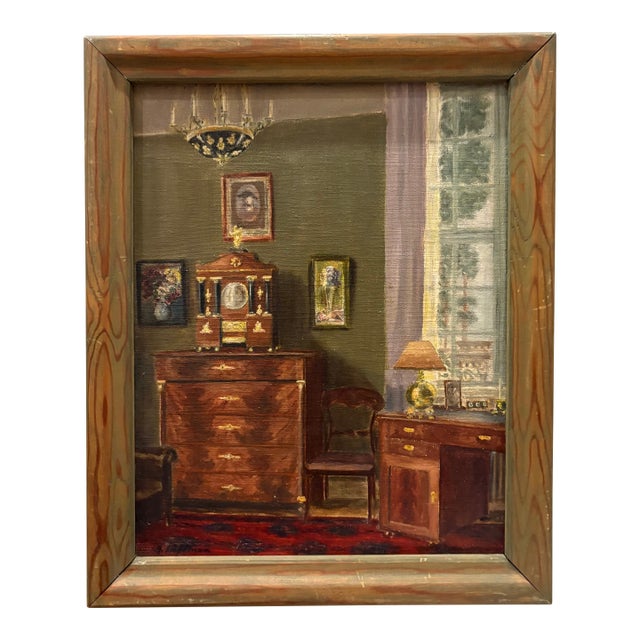 Vintage European Interiors Painting in Jewel Tone Colors, Framed For Sale