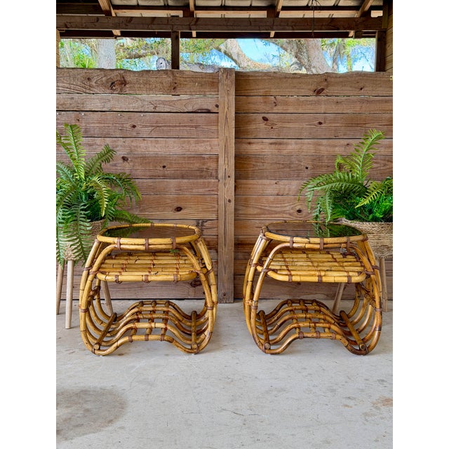 Pair Vintage Organic Modern Bent Rattan Side Tables With Smoked Glass For Sale - Image 12 of 12