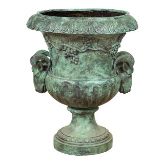 Large Classical Roman Style Bronze Urn Planter with Verde Patina and Rams Heads For Sale
