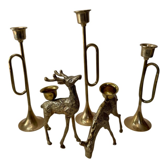 Vintage Brass Tabletop Collection: Trumpet & Reindeer Taper Holders - Set of 5 For Sale