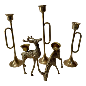 Vintage Brass Tabletop Collection: Trumpet & Reindeer Taper Holders - Set of 5