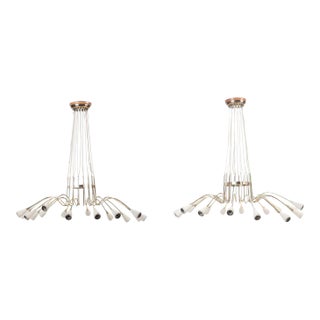 Italian Brass and Spun Aluminum 16 Arms Chandeliers, Circa 1950. A Pair For Sale