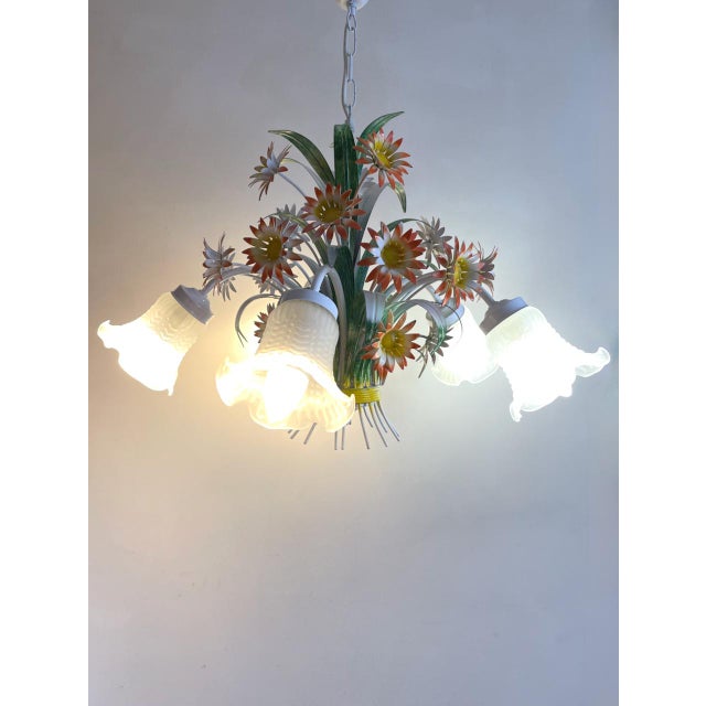 Metal Vintage European Floral Tole Chandelier with Frosted Glass Tulip Shades, 1970s For Sale - Image 7 of 13