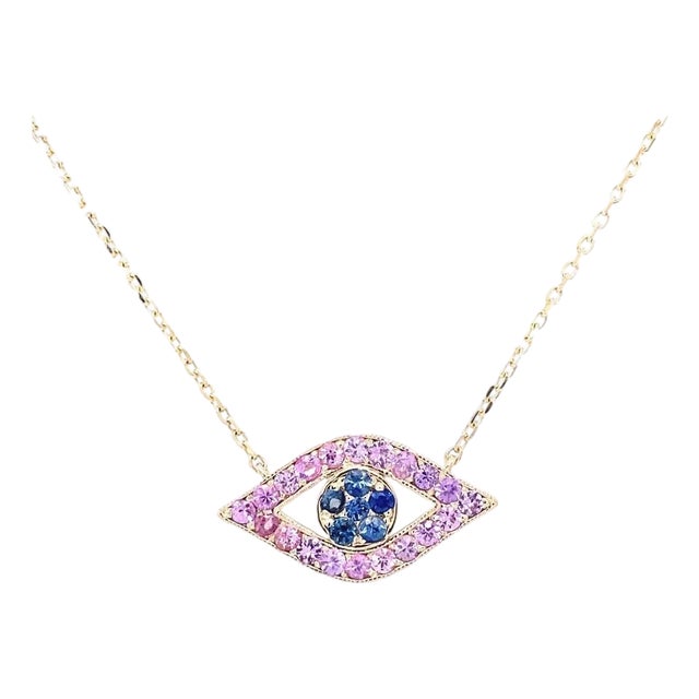1.42 Carat Blue Pink Sapphire Yellow Gold Evil Eye Chain Pendant For Sale