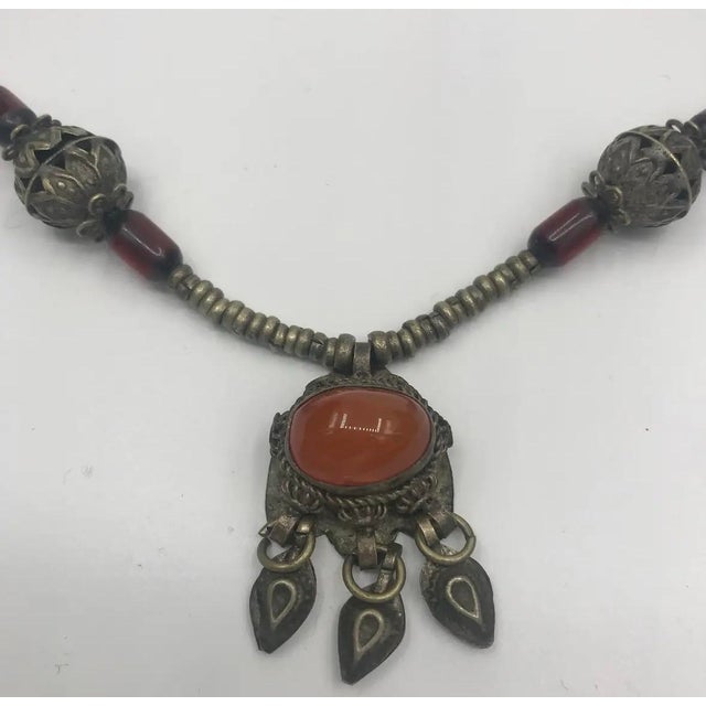 Mid 20th Century Vintage Tibetan-Style Carnelian Cabochon and Brass Link Necklace For Sale - Image 5 of 6