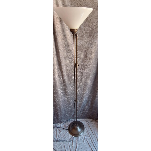 Vintage Height-Adjustable Floor Lamp with Patinated Brass Frame and White Glass Shade, 1980s For Sale - Image 4 of 7