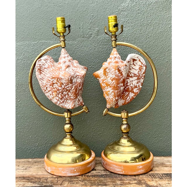Vintage Brass and Wood Shell Lamps - Pair For Sale - Image 11 of 12