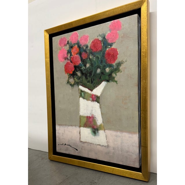 Bubble Gum Red Bouquet in a White Vase", by S. Burr, Oil on Canvas For Sale - Image 8 of 8