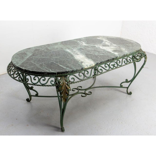 French Green Oval Marble Top & Wrought Iron Coffee Table, 1960 For Sale - Image 3 of 17