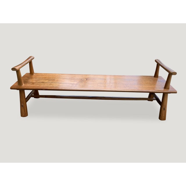 Wood Andrianna Shamaris Midcentury Couture Teak Wood Bench with Arms For Sale - Image 7 of 18