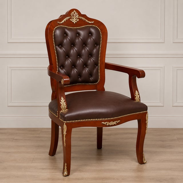 Add timeless sophistication to your interior with this elegant French-style armchair. Crafted from solid wood and...
