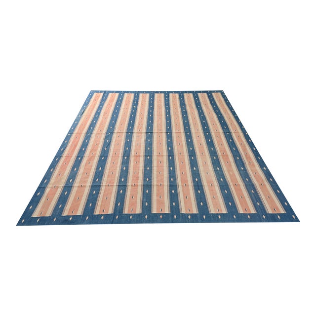 1950s Vintage Dhurrie Flat Weave in Blue and Peach Stripes Patterns by Rug & Kilim For Sale