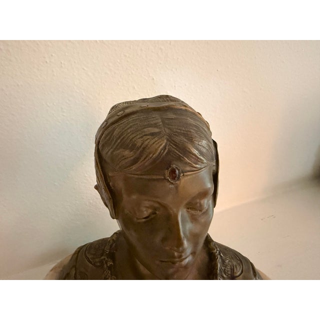 Metal 19th-Century Grande Dame Patricienne Florentine Au XVIme Siècle Roland Grange-Colombo Bronze & Marble Bust For Sale - Image 7 of 8