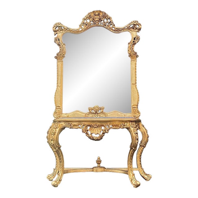 1940s French Louis XVI Baroque Rococo Console Table & Mirror Set – Hand-Carved Beechwood With Marble Top For Sale