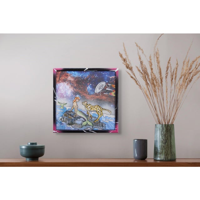 Early 21st Century On the Rocks by Louis Recchia | Mixed-media acrylic on plexiglas Mermaid with a cheetah in a cosmic setting For Sale - Image 5 of 5
