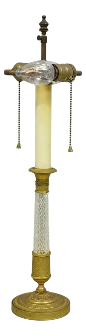 Antique French Empire Gilt Bronze Crystal Column Small Candlestick Table Lamp