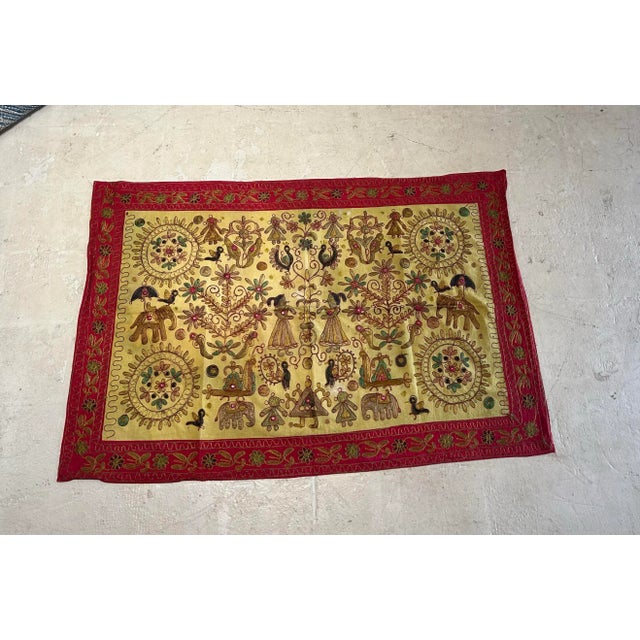 Circa 1970’s 1980’s made in India embroidered fabric Bohemian decor , flowers elephants flowers and birds. On a mustard...